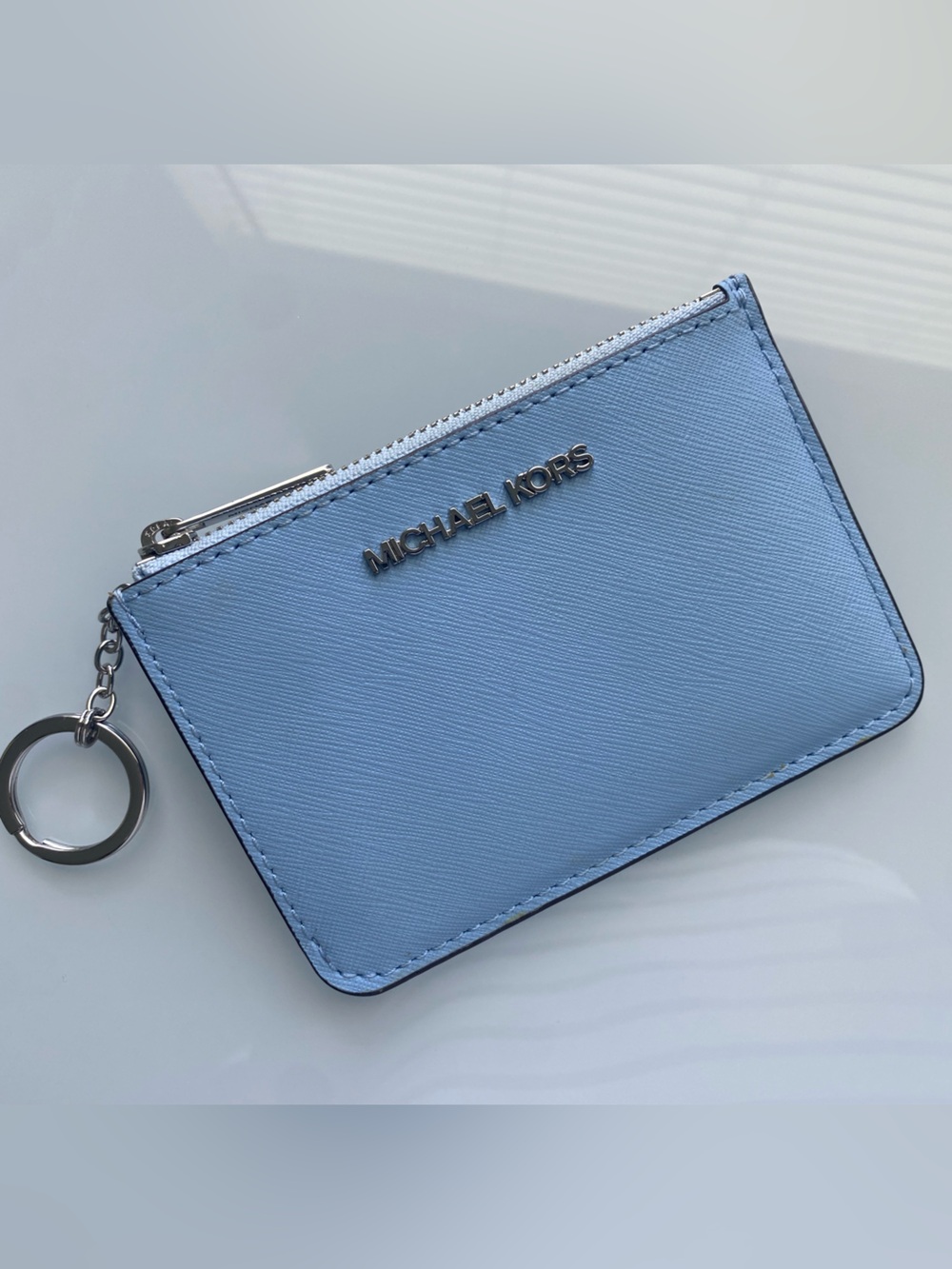 Michael Kors Light Blue Saffiano Leather Key Card Holder with Ring
